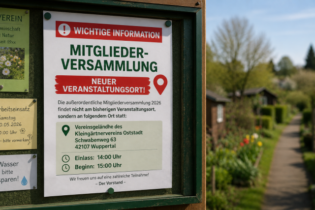 Außerordentliche Mitgliederversammlung 2026 - Neuer Veranstaltungsort Aushangkasten in einer Kleingartenanlage mit Hinweis auf eine Mitgliederversammlung und einen neuen Veranstaltungsort.
